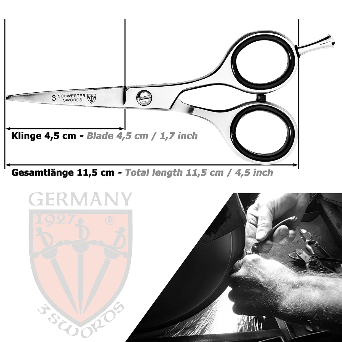 Short blade of 4.5 cm on 3 Swords Germany scissors designed for delicate areas.