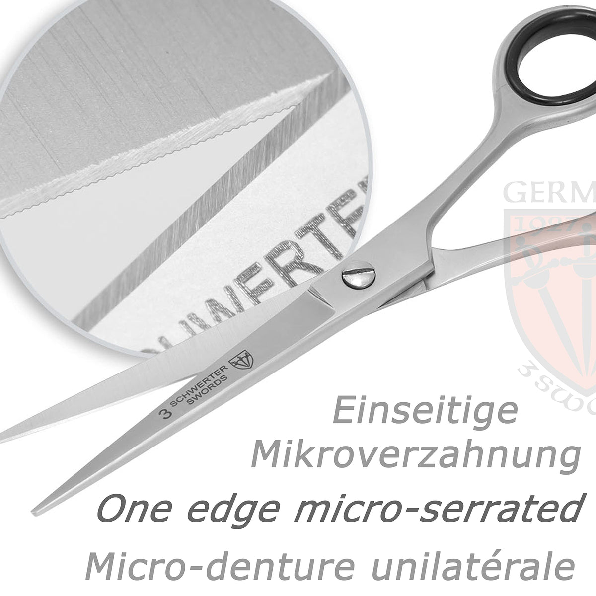 3 Swords Germany stainless steel hair scissors highlighting rust resistance for daily use.