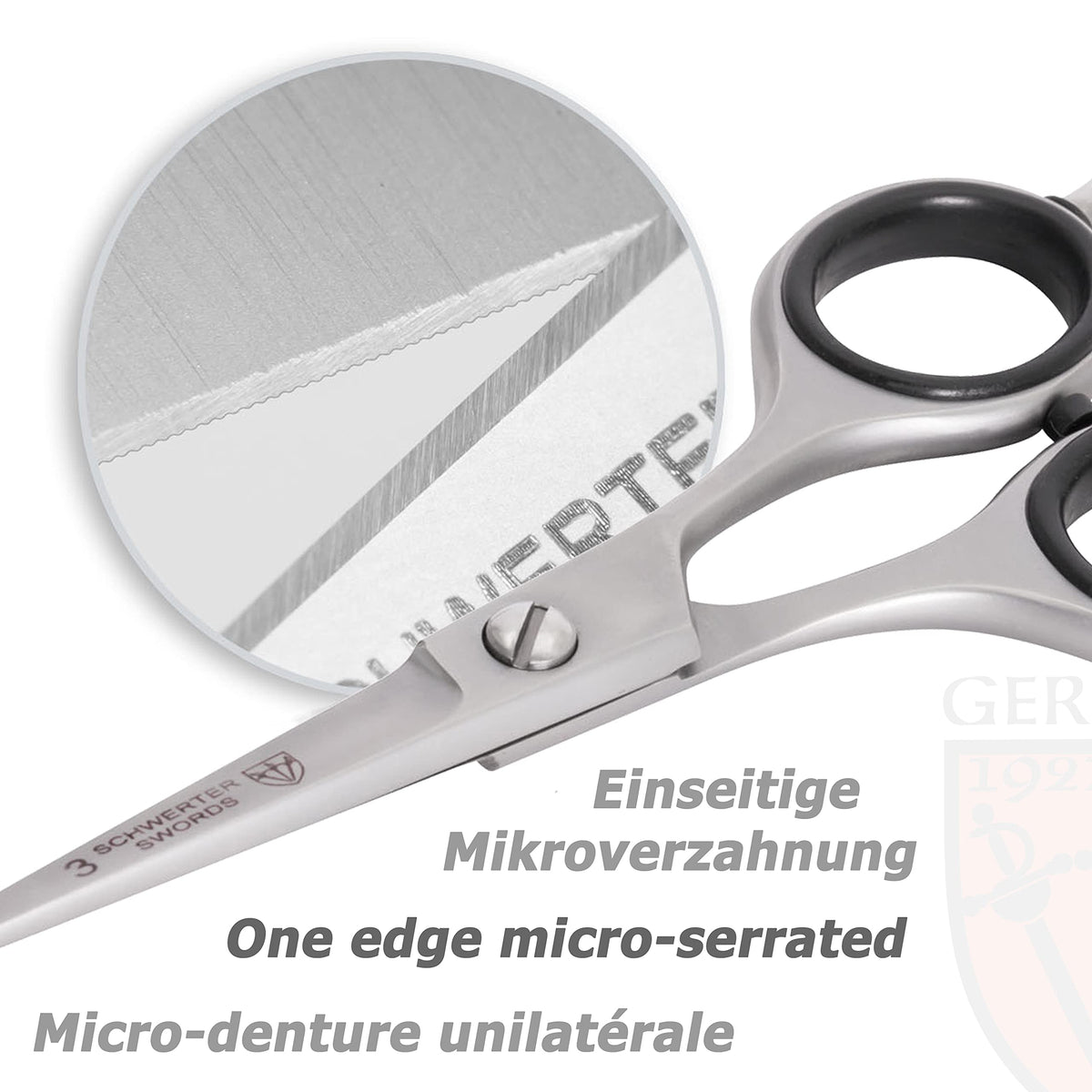 3 Swords Germany stainless steel scissors closeup showing micro-serration grip