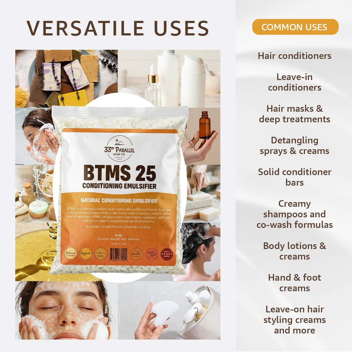 BTMS 25 emulsifier powder texture highlighting smooth emulsification for creams