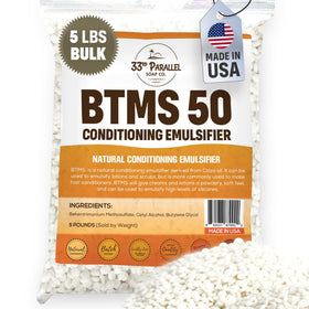 33rd Parallel BTMS50 bulk packaging shows premium cosmetic emulsifier for salon-ready blends.