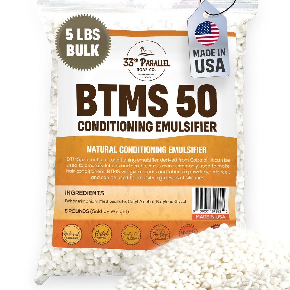 33rd Parallel BTMS50 bulk packaging shows premium cosmetic emulsifier for salon-ready blends.