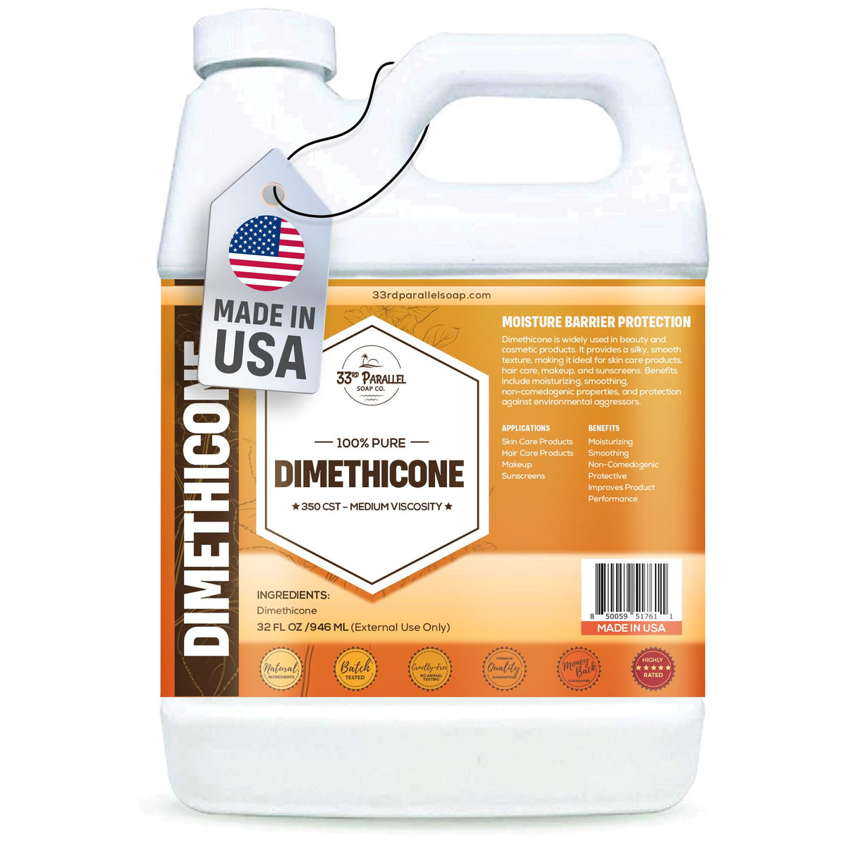 33rd Parallel Dimethicone 32oz bottle highlights premium cosmetic grade formula for smooth skin prep.