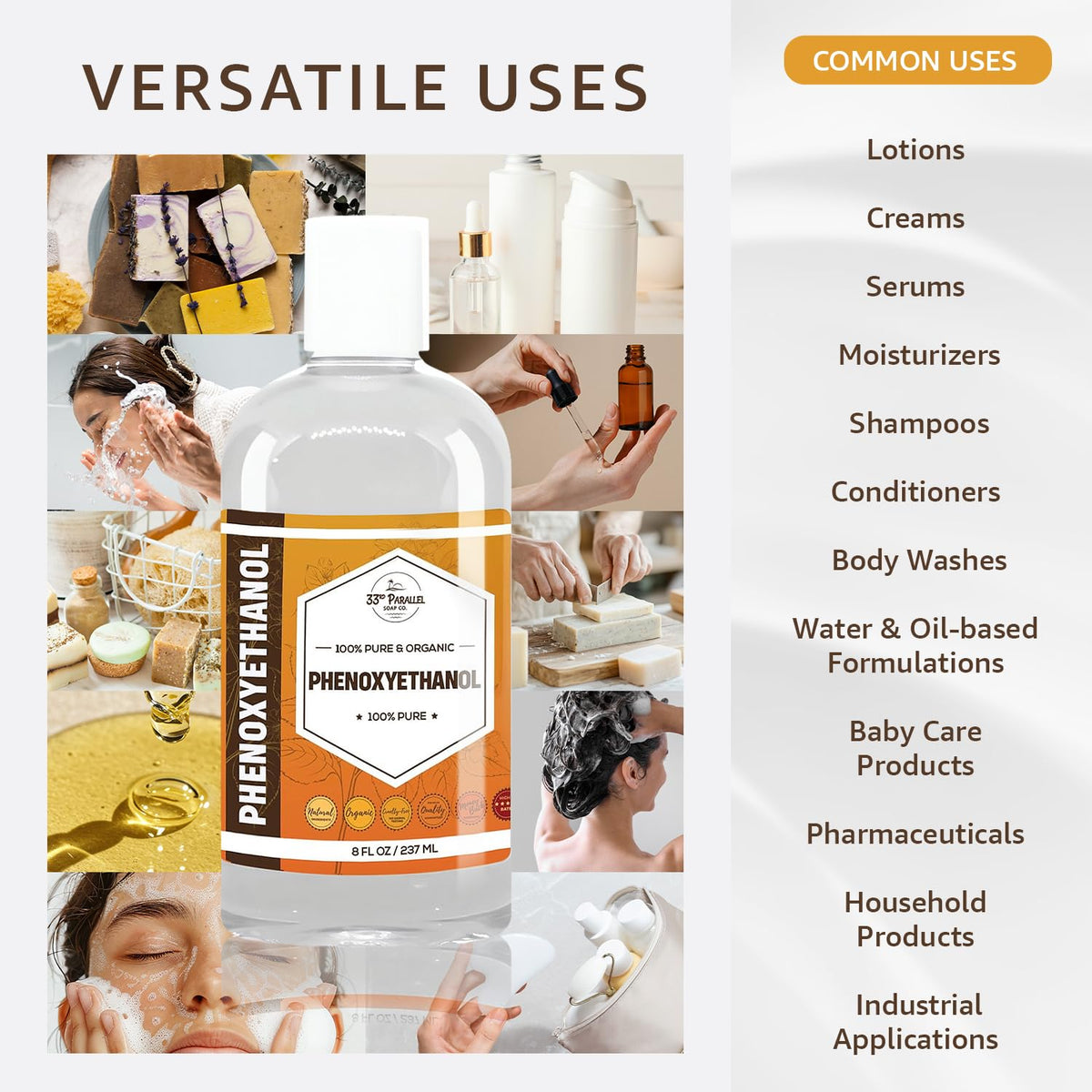 Close-up label of 33RD PARALLEL SOAP CO Phenoxyethanol showing product safety and purity.