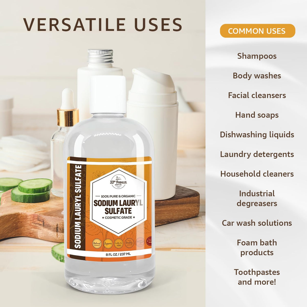 33RD PARALLEL SOAP CO. SLS LIQUID, foaming action shown for rich lather creation.