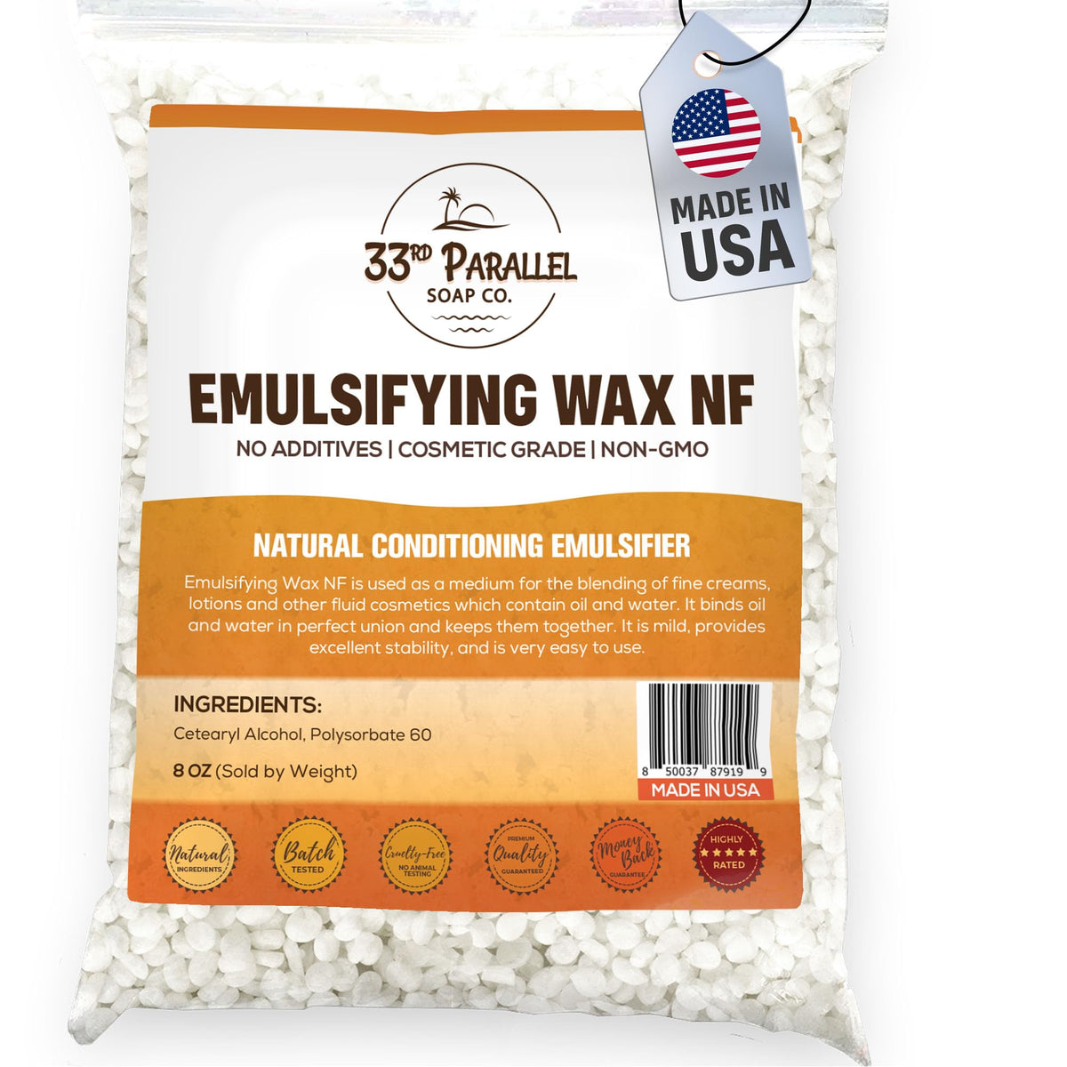 33RD PARALLEL SOAP CO Non-GMO Emulsifying Wax NF pastilles in packaging for premium cosmetics.