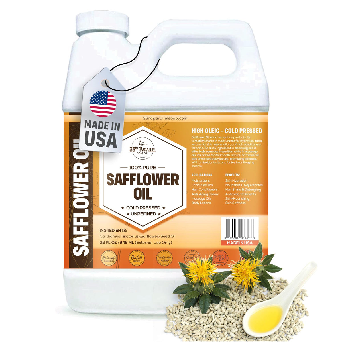 33rd Parallel Soap Co organic safflower oil 32oz bottle for skin hydration
