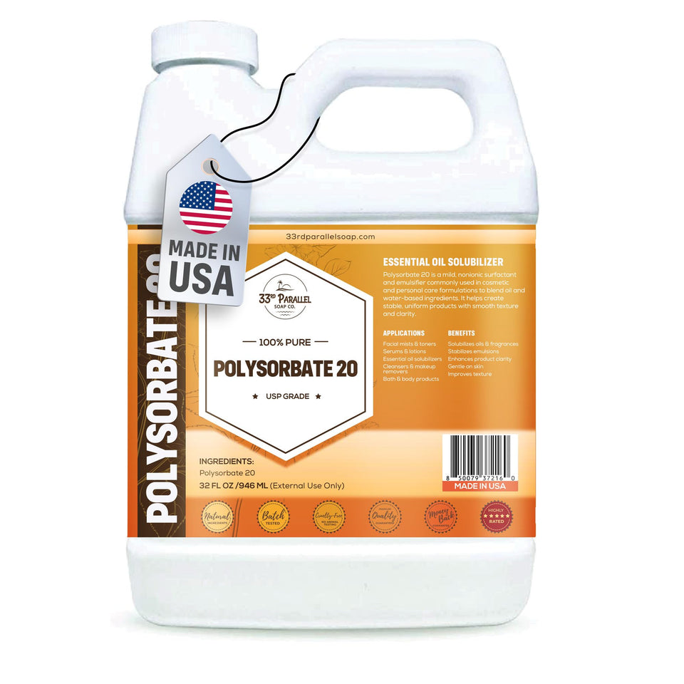 33rd Parallel Soap Co Polysorbate 20 bottle pour enables smooth emulsification in water-based formulas.