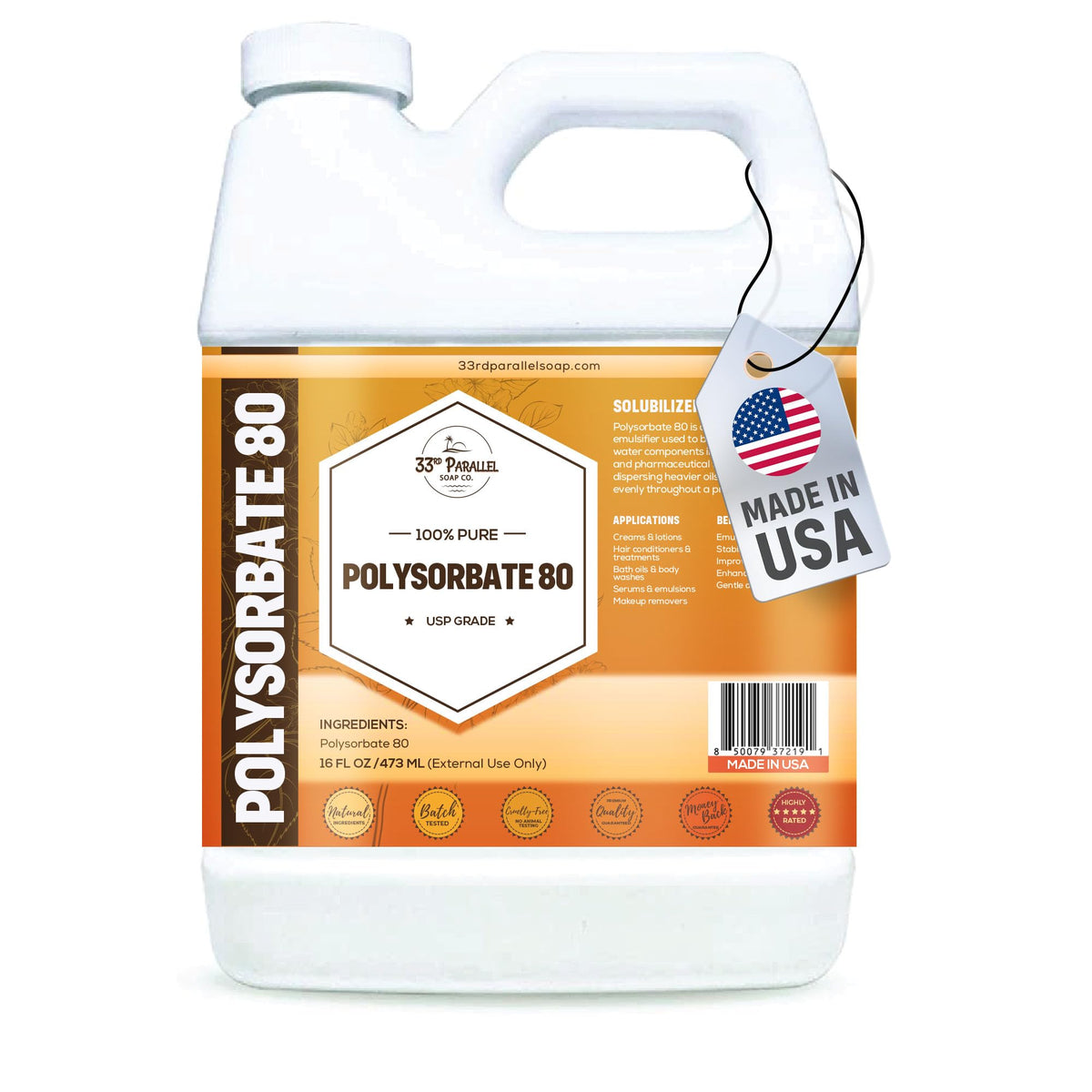 33RD PARALLEL SOAP CO. Polysorbate 80 bottle closeup shows premium USP grade packaging.