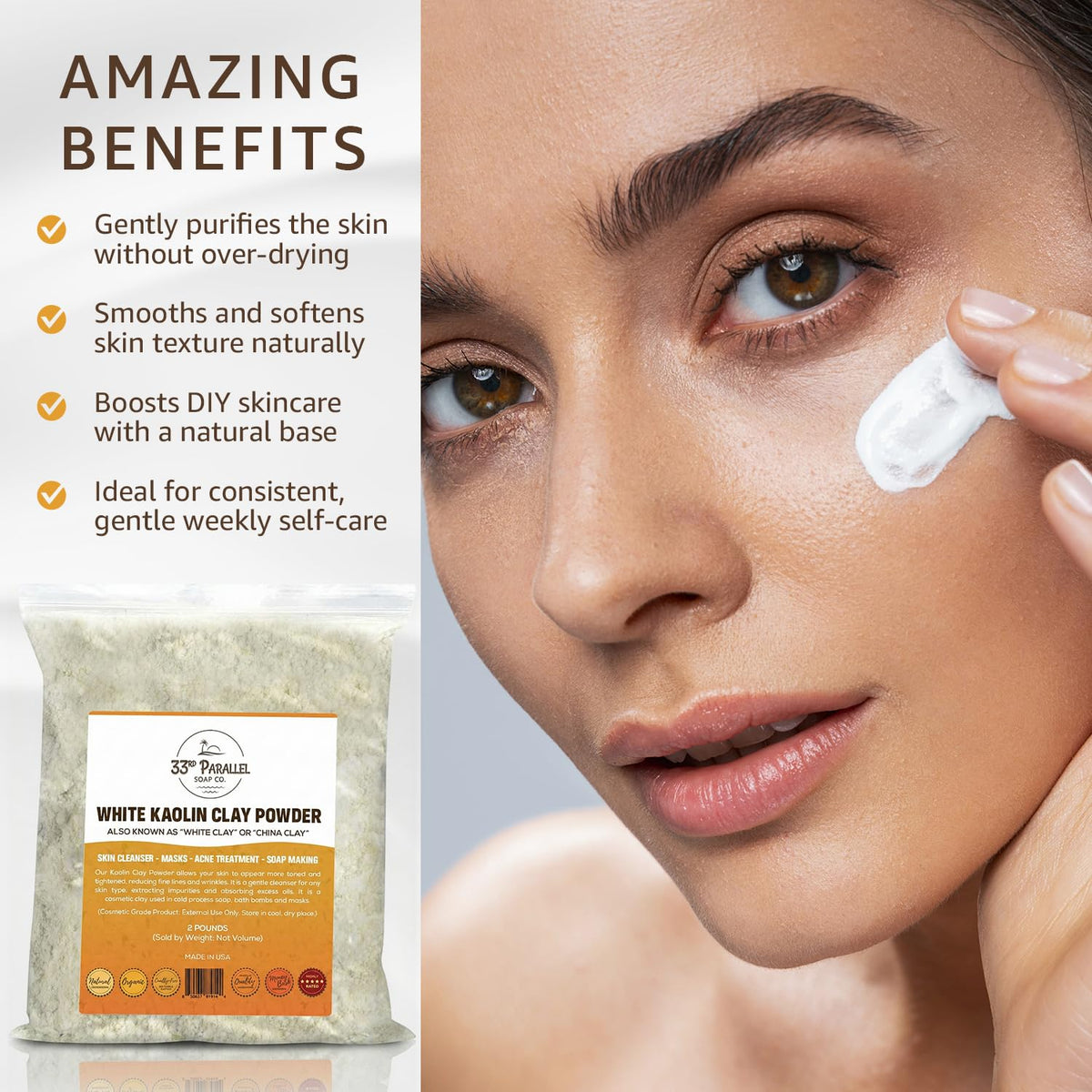 33RD PARALLEL SOAP CO. White Kaolin Clay Powder being applied as a facial mask.