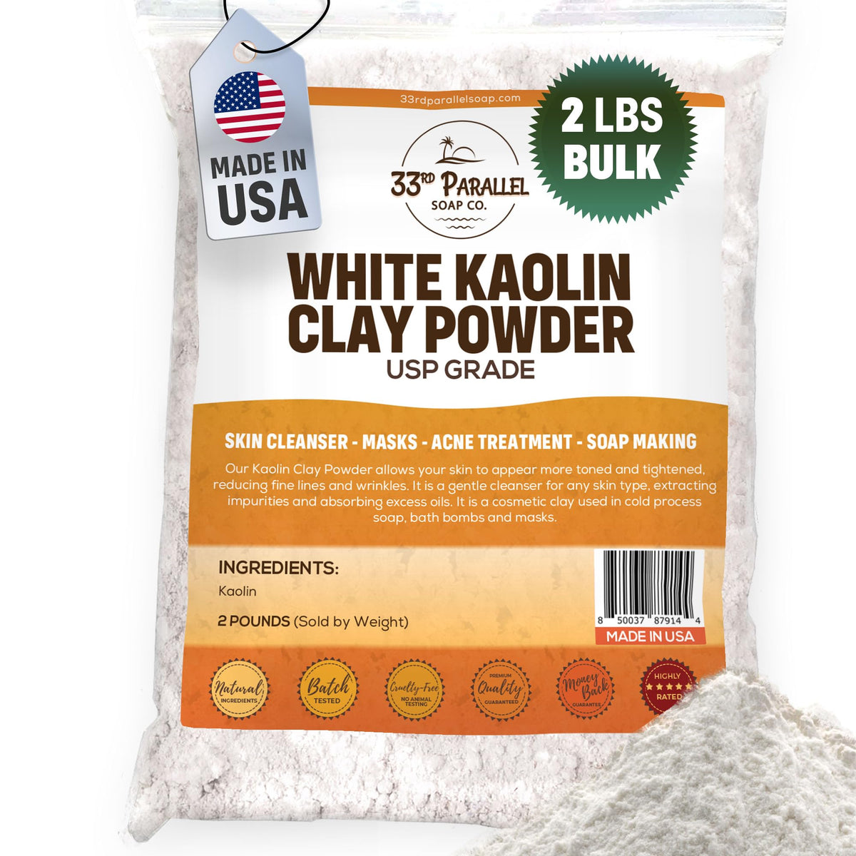 33RD PARALLEL SOAP CO. White Kaolin Clay Powder in resealable packaging for facial masks.