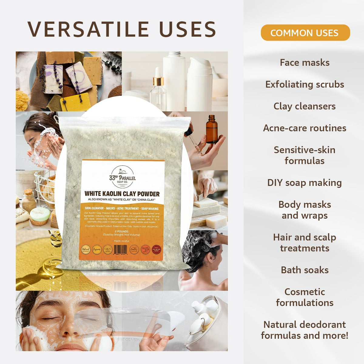 33RD PARALLEL SOAP CO. White Kaolin Clay Powder texture close-up for gentle exfoliation.