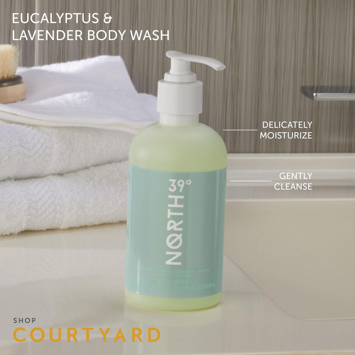 39° North body wash bathroom-scene offers spa-like ambiance for a refreshing cleanse.