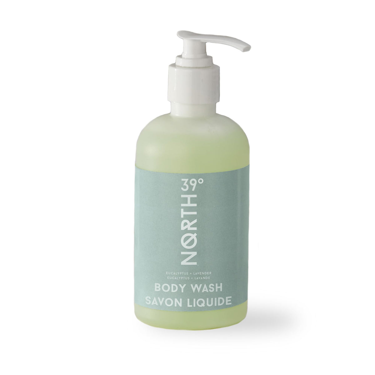 39° North body wash bottle pour showing eucalyptus and lavender scent for spa-like cleansing.