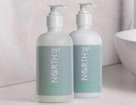 Shampoo and conditioner set displayed on sink for easy at-home routine