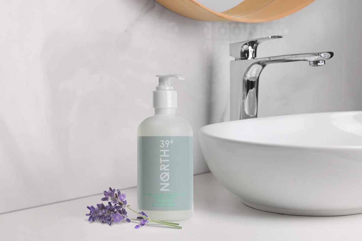 Close-up of 39° North eucalyptus lavender shampoo lather and texture.