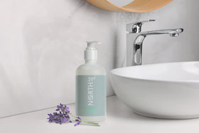 Close-up of 39° North eucalyptus lavender shampoo lather and texture.