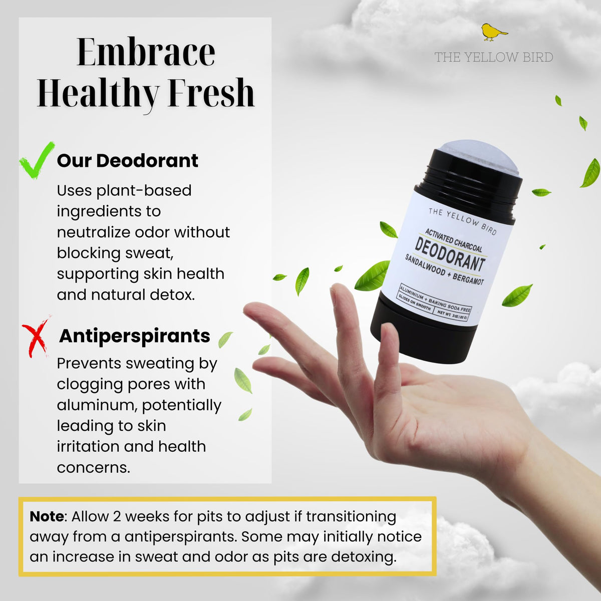 The Yellow Bird 3 oz deodorant-stick label highlights aluminum-free formula.
