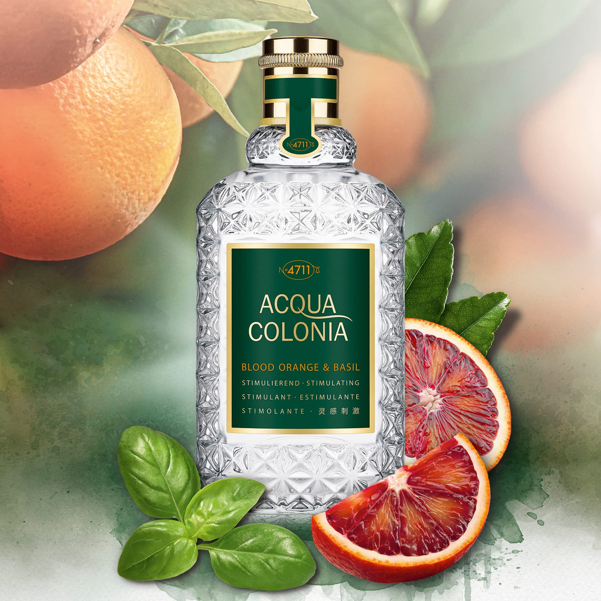 4711 Acqua Colonia Blood Orange & Basil basil leaves emphasize herbal note for daytime freshness.