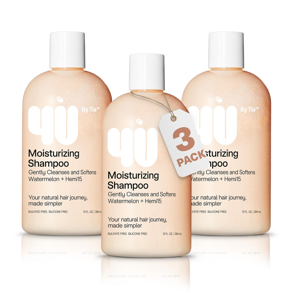4U by Tia moisturizing curly shampoo 3-pack bottle closeup for hydrated curls.