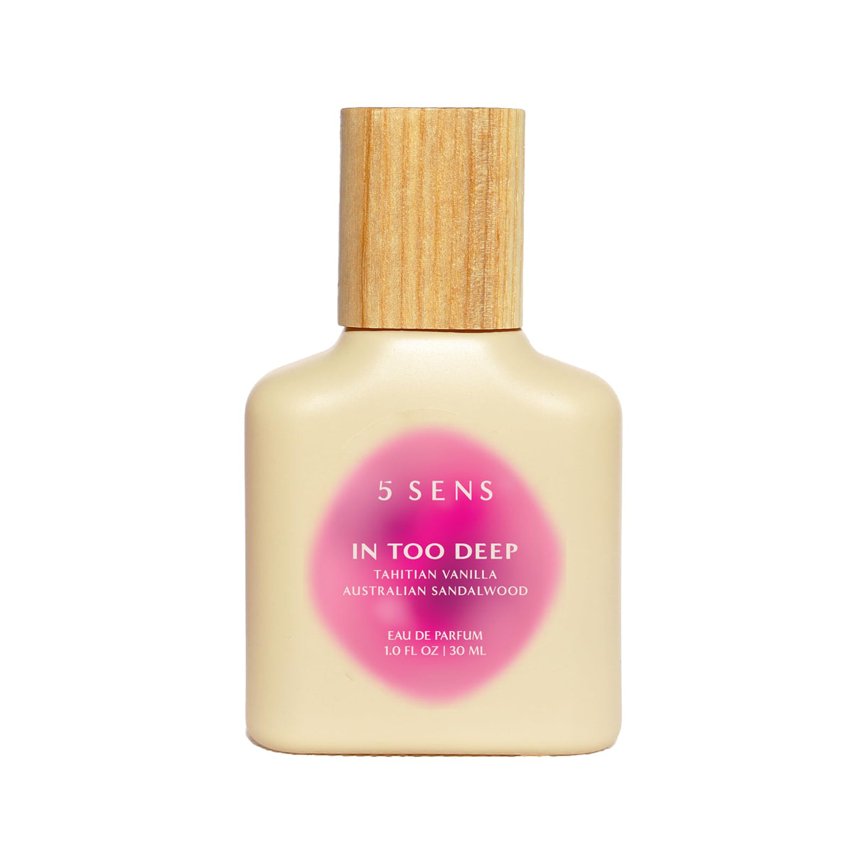 5 SENS In Too Deep bottle showing gourmand vanilla and bergamot notes for daily confidence.