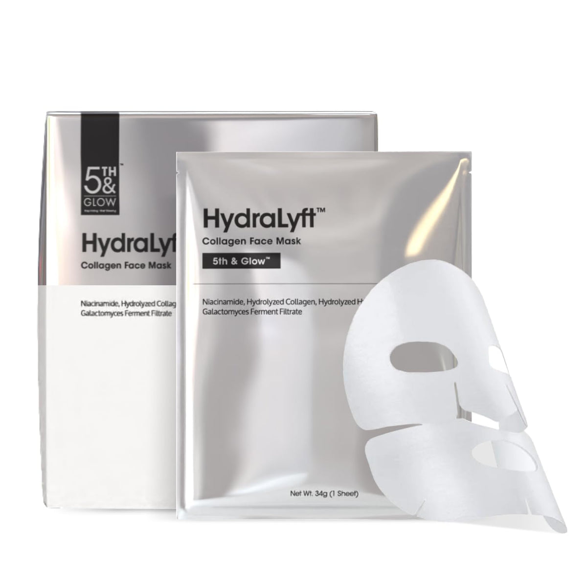 5th & Glow HydraLyft two-piece sheet mask applied for deep hydration