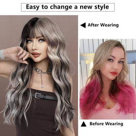 7JHH WIGS 27-inch ombre wavy curls with bangs for glamorous looks.