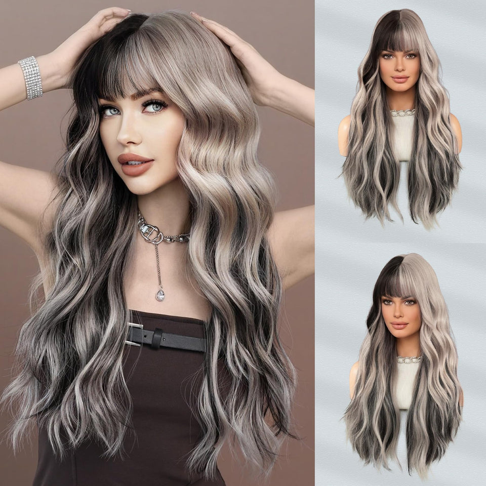 7JHH WIGS long, wavy silver grey wig with bangs for daily wear.