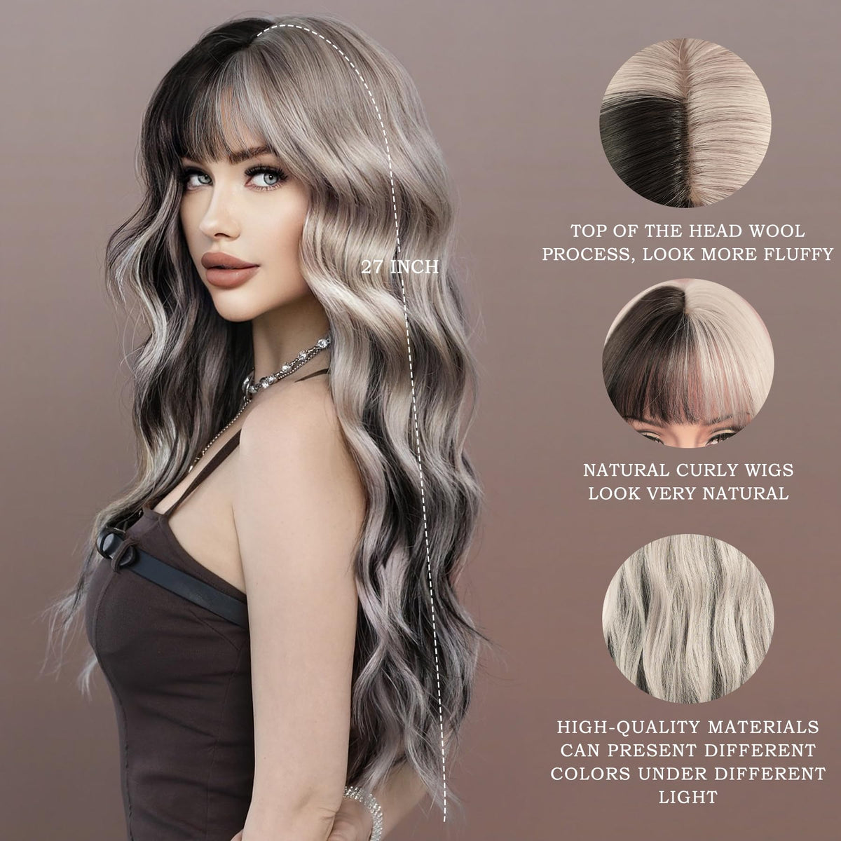 7JHH WIGS silver-black highlight wig close-up, heat resistant fibers for easy styling.