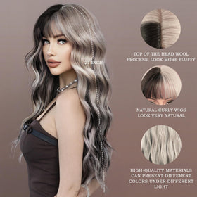 7JHH WIGS silver-black highlight wig close-up, heat resistant fibers for easy styling.
