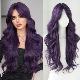 7JHH WIGS 31in purple long wig with curtain bangs for daily wear.