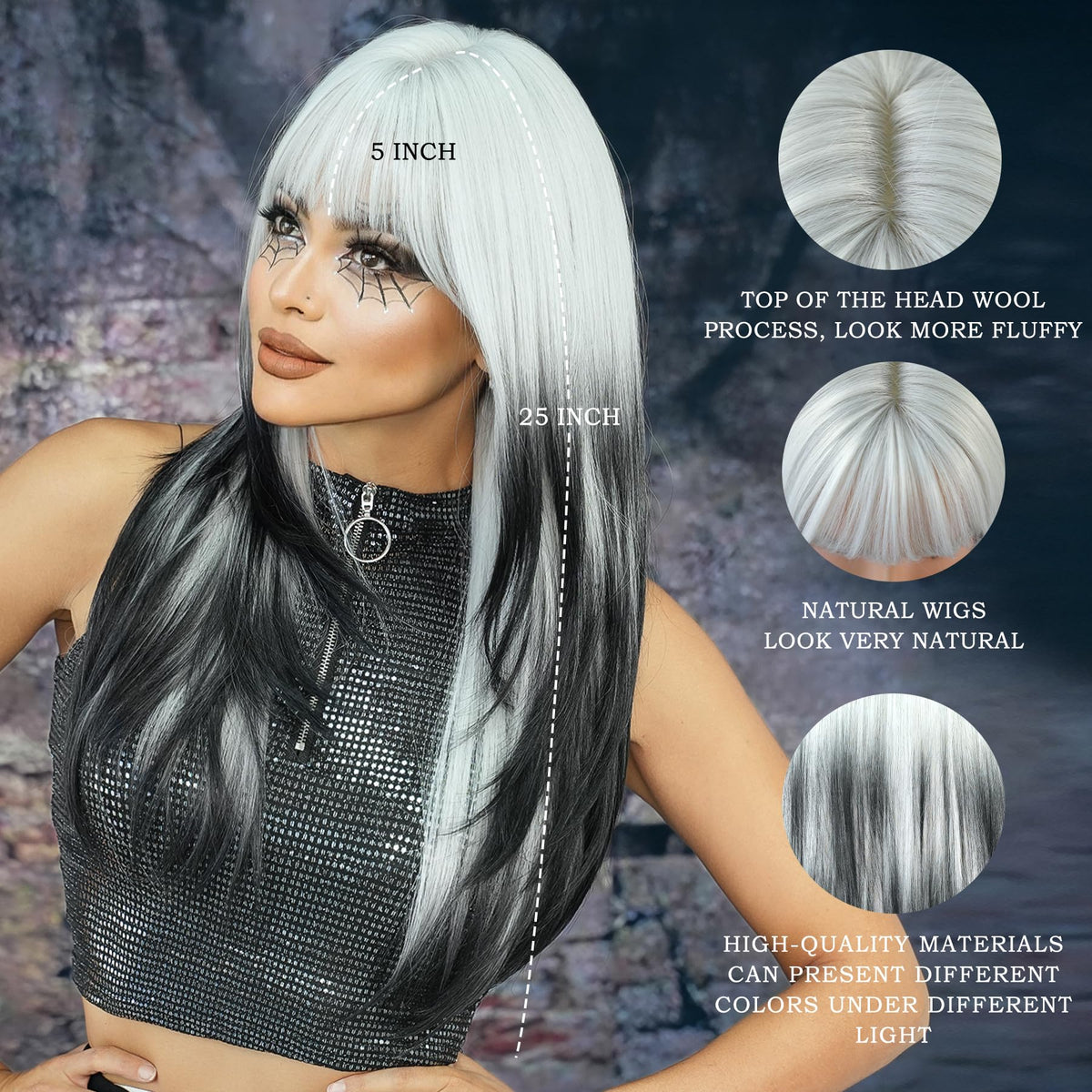 7JHH WIGS black-white ombre texture enhances bold party or cosplay looks.