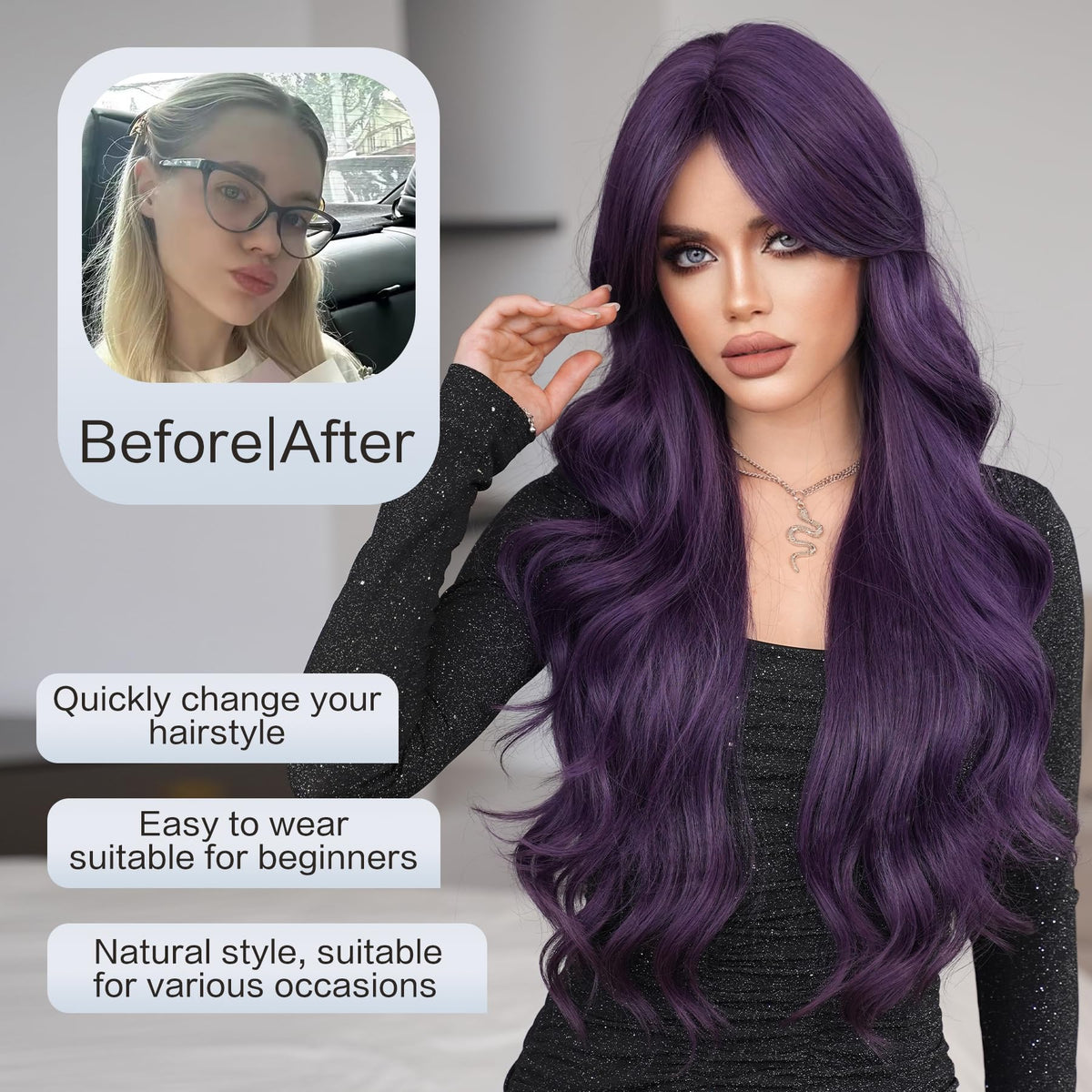 Heat-resistant synthetic fiber texture in 7JHH WIGS purple wig.