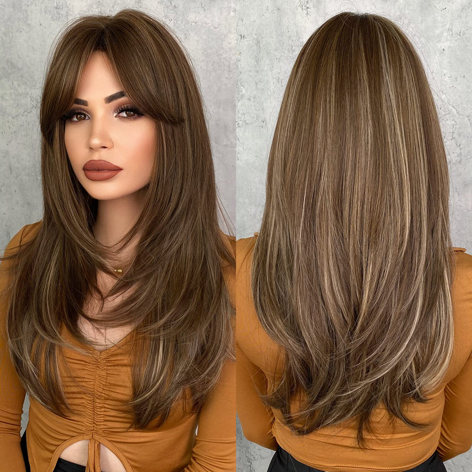 7JHH WIGS honey blonde wig with bangs showing natural styling and color