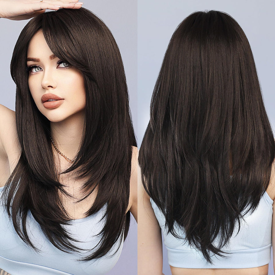 7JHH WIGS long natural black wig with bangs for daily wear and natural movement.