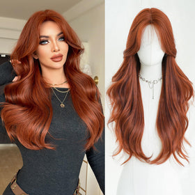 7JHHWIGS 28in auburn red curtain bangs wig with soft waves for daily wear.