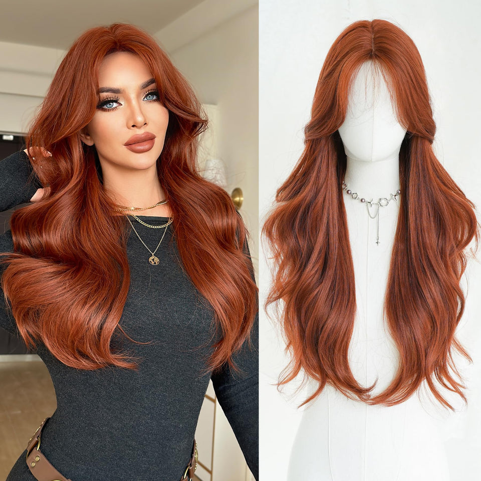 7JHHWIGS 28in auburn red curtain bangs wig with soft waves for daily wear.