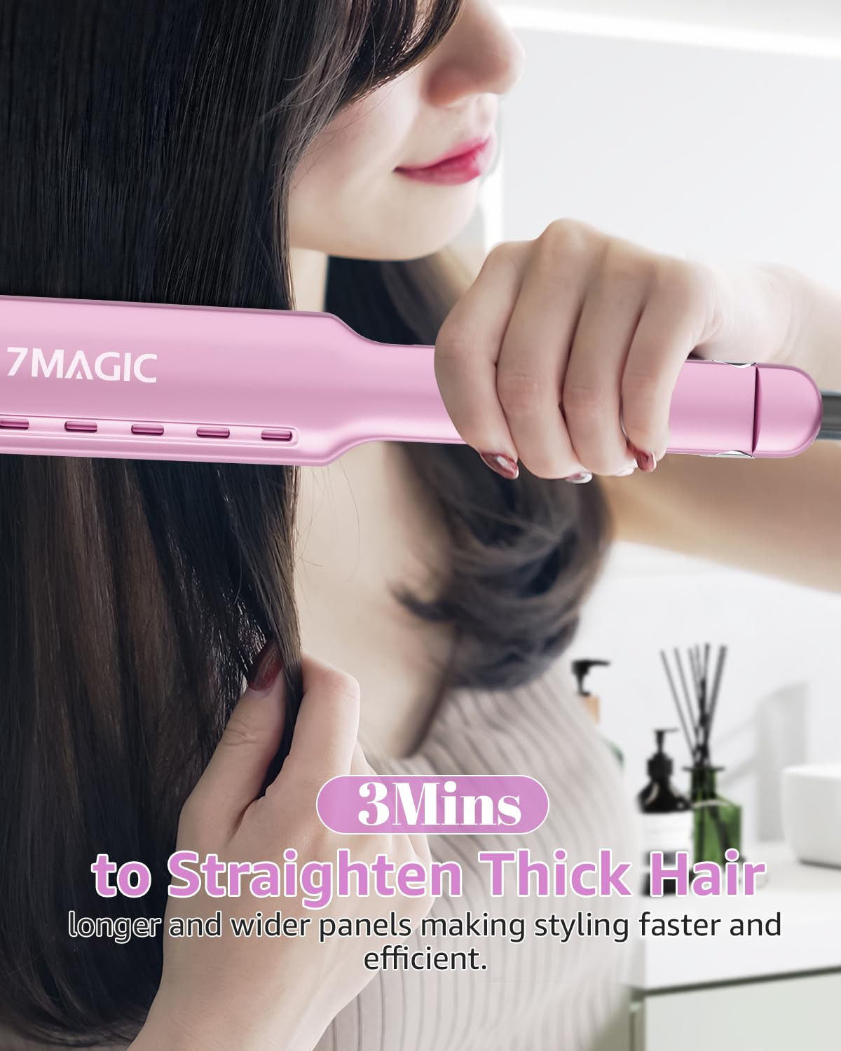 Steam vents on the 7MAGIC flat iron enabling damp-to-dry styling and reduced frizz.