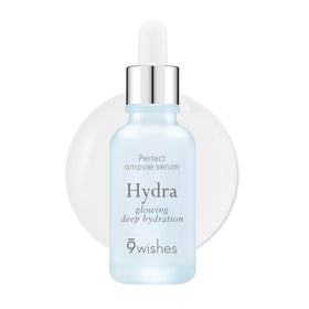 9 Wishes Hydra Ampoule II bottle closeup highlights premium packaging and hydration promise.