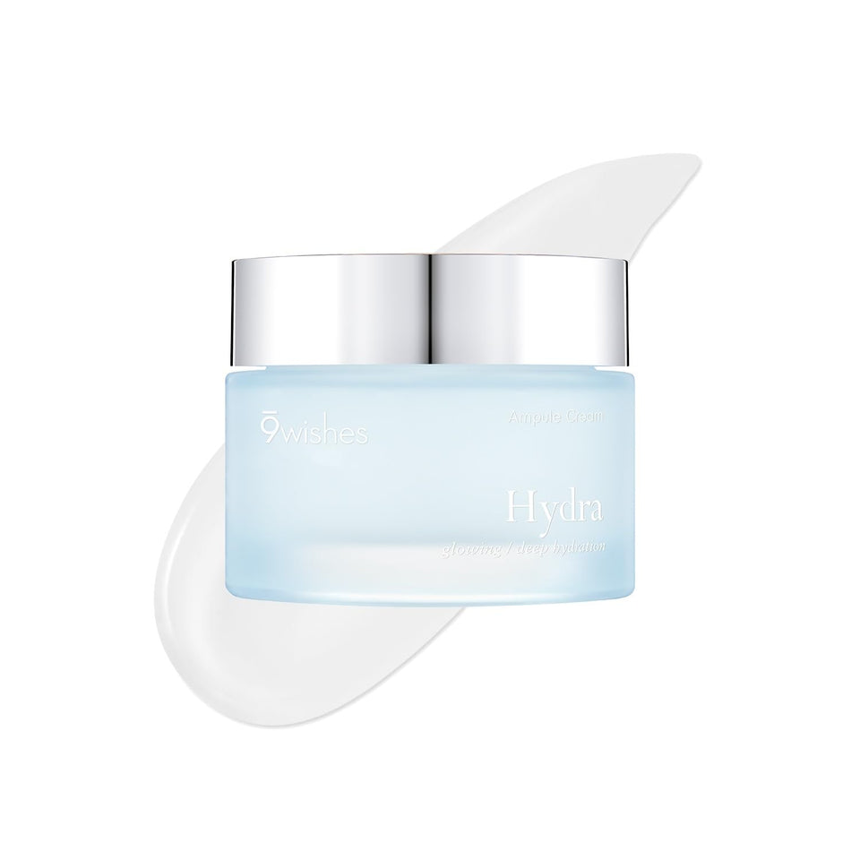 9 wishes Hydra Ampule Cream jar close-up showing gel texture for deep hydration.