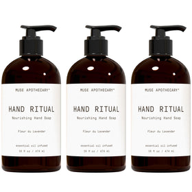 Muse Apothecary Hand Ritual bottle pouring with calming lavender aroma for soothing hand wash.