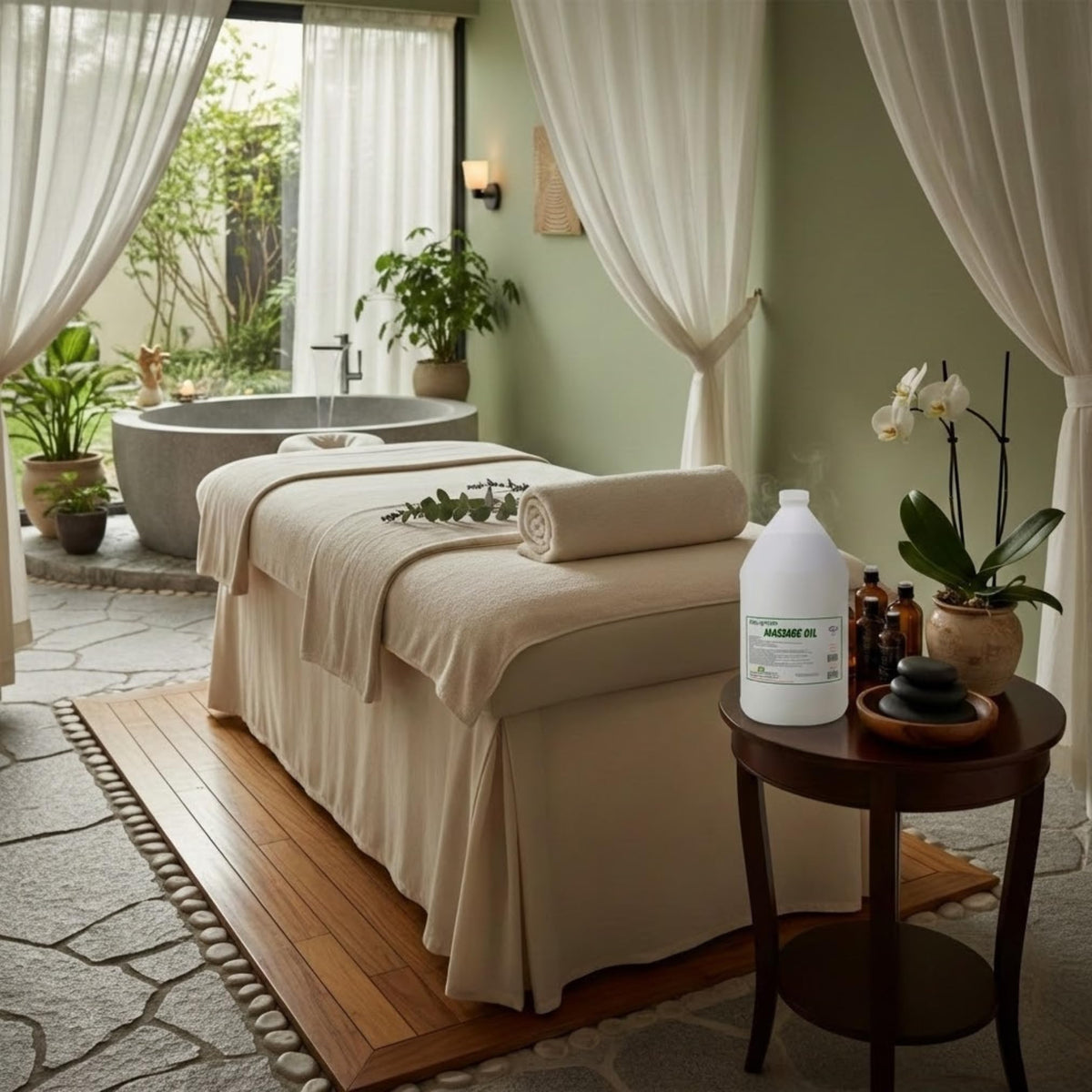 A&amp;A Premium Body Mineral Oil on a therapist's hands provides soothing, comfortable glide.