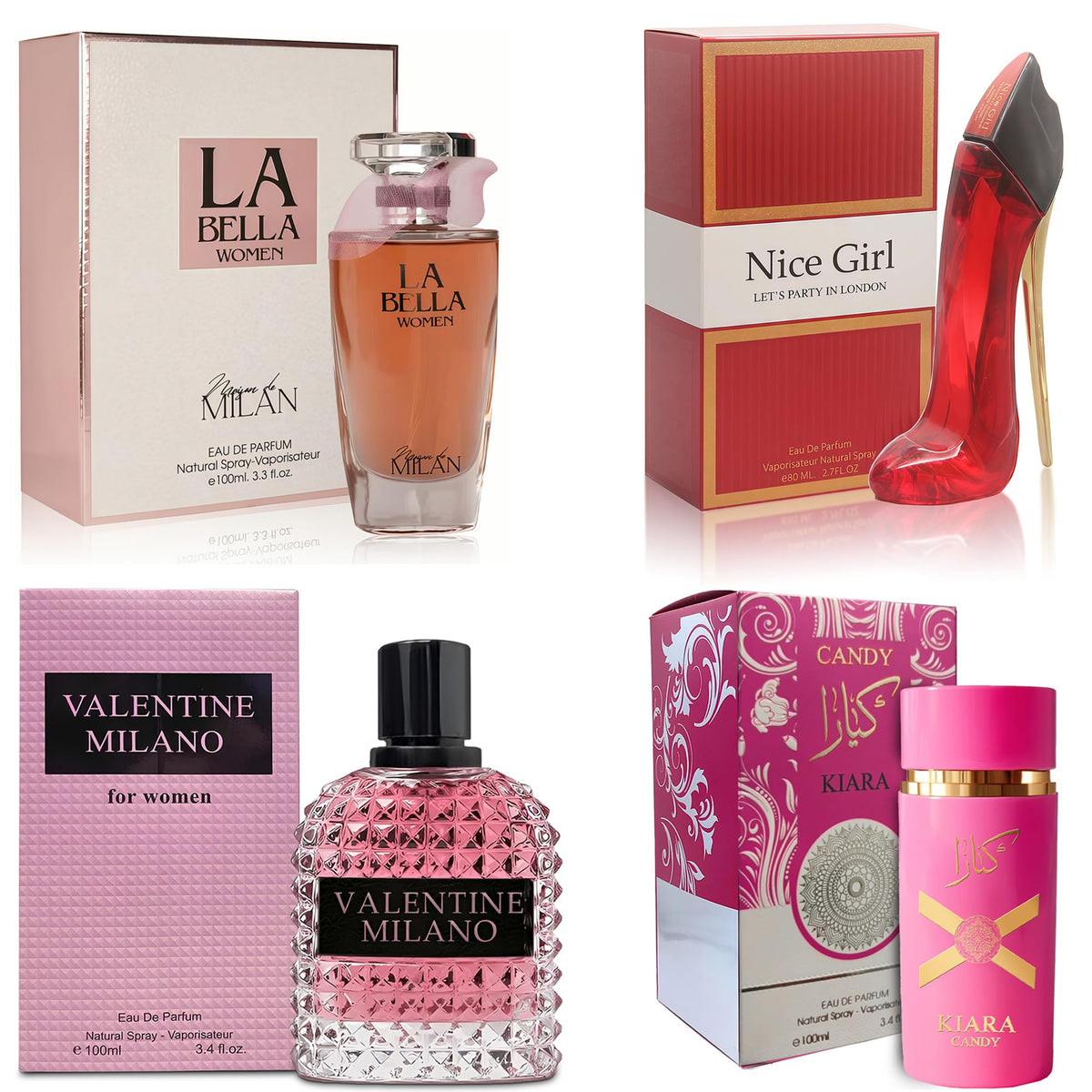 A Center 4-piece perfume bottles on vanity for versatile scent wardrobe.