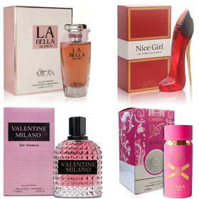 A Center 4-piece perfume bottles on vanity for versatile scent wardrobe.