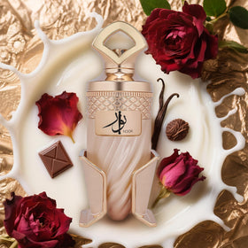 A CENTER Noor glass reflection highlights luxury gourmand vibe for social media.