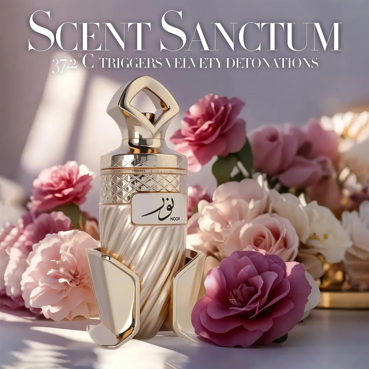A CENTER Noor vanilla bean cedarwood note close-up suggests warm longevity.