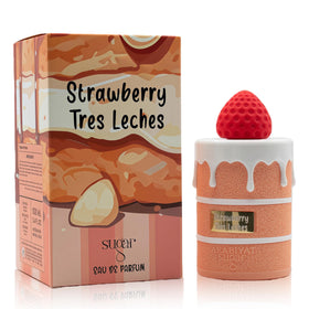A Center Strawberry Tres Leches bottle closeup, showcasing a long-lasting gourmand fragrance.