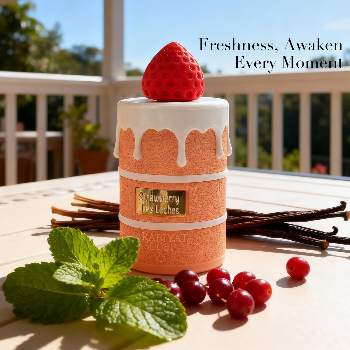 A Center Strawberry Tres Leches packaging shot, signaling premium, elegant presentation.