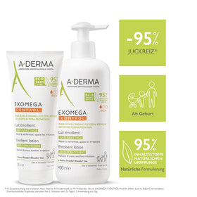 Packaging of A-Derma Exomega Control Milk showcases travel-friendly 200 ml bottle.