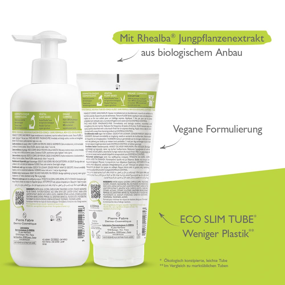 Hands applying A-Derma Exomega Control Milk for soft, moisturized skin.